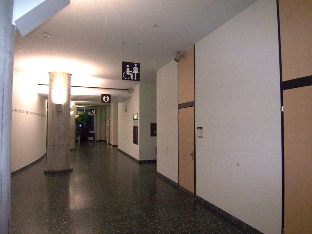 Rollstuhl-WC Y17-J-14B: Vom Lift aus nach links gesehen:
die WC-Türe ist rot markiert im Bild.