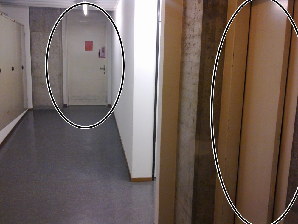 Y10-F, Ausstellung: Rechts ist der Lift und geradeaus die erste Türe zum Museum.