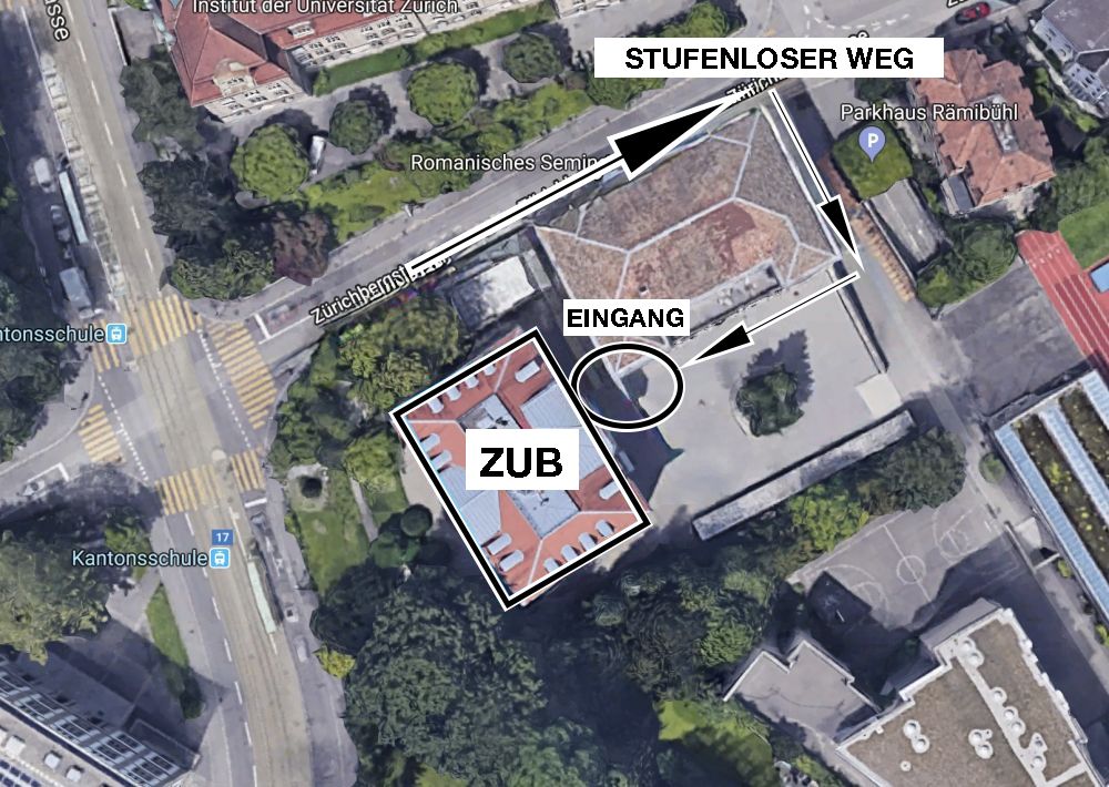 Gebäude ZUB: Stufenloser Weg von der Rämistrasse bis zum Eingang des ZUB (siehe Pfeile). Des weiteren führt eine Treppe direkt von der Zürichbergstrasse bis zum Eingang.