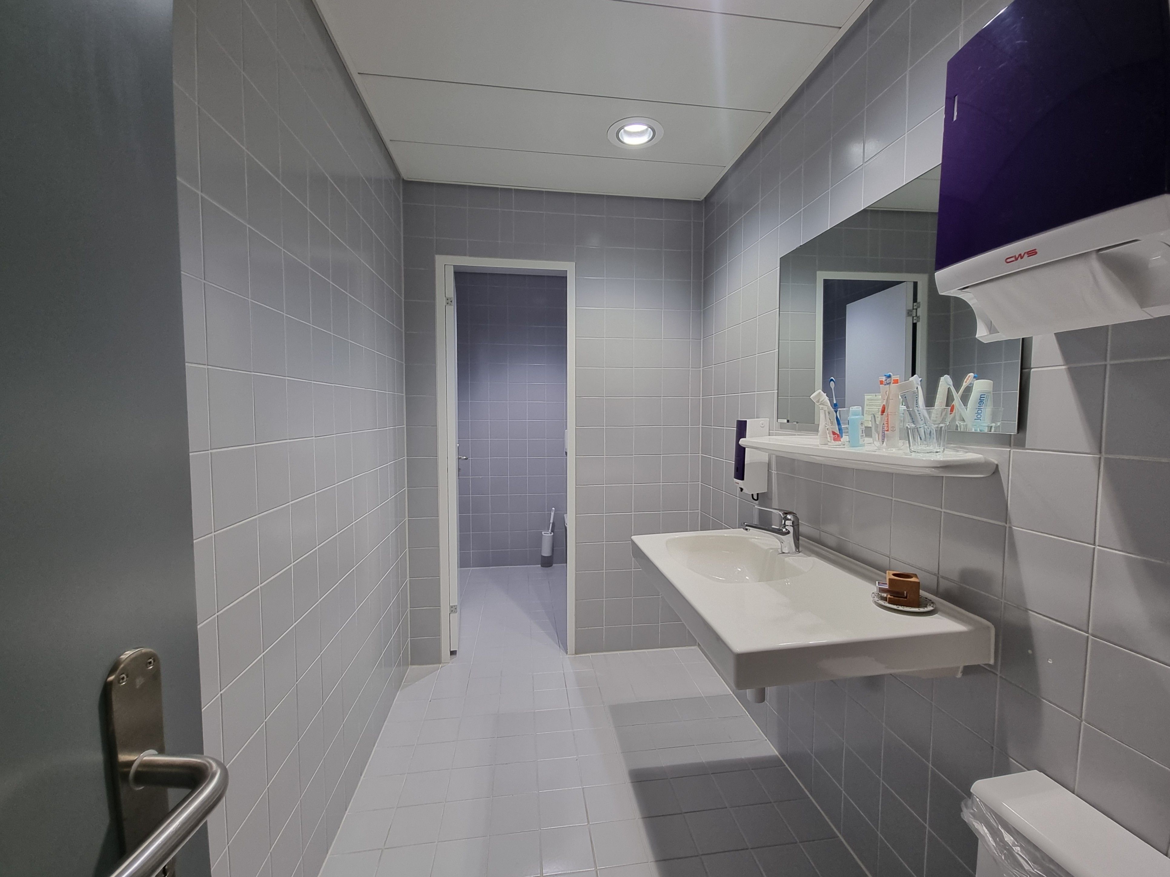 Da 712: Bild des WCs vom Eingang aus. Die Toilettenkabine ist geradeaus vom Eingang. Das Waschbecken und die zwei Stoffhandtuchspender befinden sich auf der rechten Seite des WCs. Unter den Stoffhandtuchspendern ist ein geschlossener Abfall.