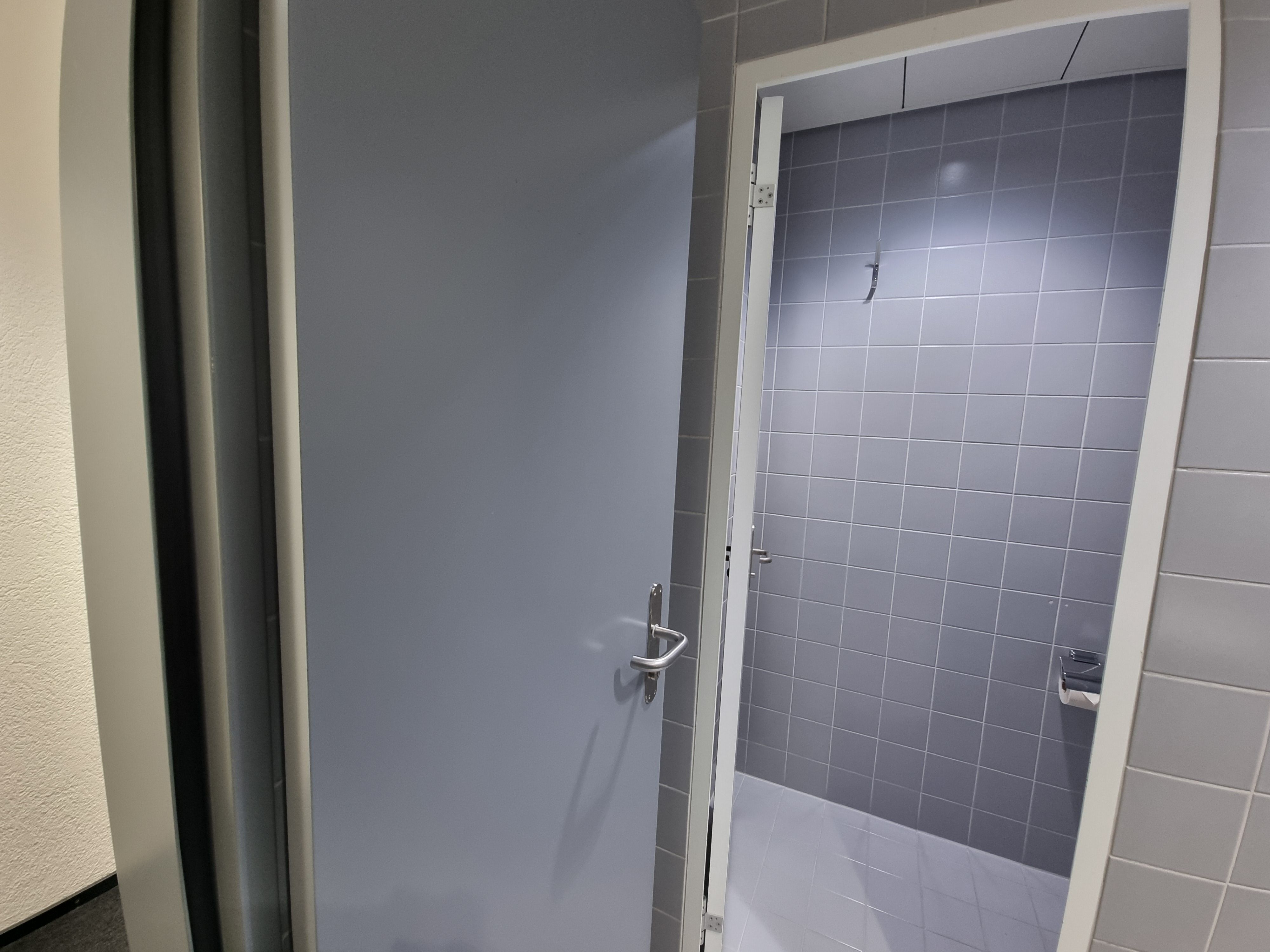 Da 726: Bild der WC-Eingangstür, die sich ganz flach an die Wand aufstossen lässt.