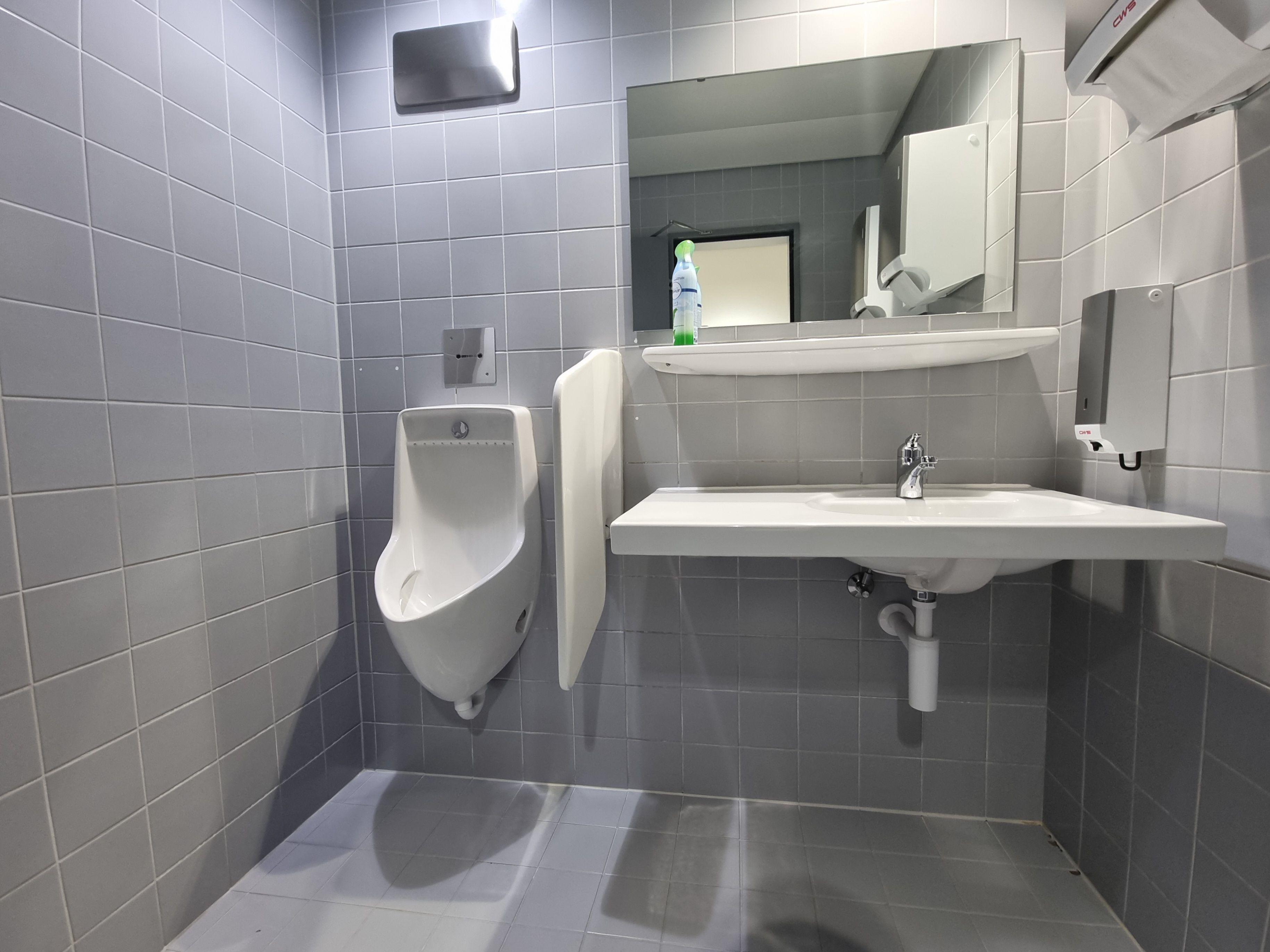 Da 726: Bild des WCs von der Eingangstür aus. Vom Eingang aus befinden sich das Pissoir und das Waschbecken geradeaus und die Toilettenkabine auf der linken Seite. Das Pissoir ist auf der linken Seite des Waschbeckens. Auf der rechten Seite des Waschbeckens an der Wand befindet sich ein Stoffhandtuchspender.