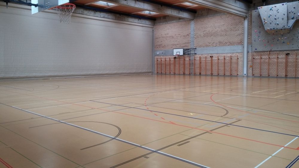 Y30-E, Halle: Die Dreifach-Sporthalle. Hinter dem grauen Vorhang befindet sich das restliche Drittel.