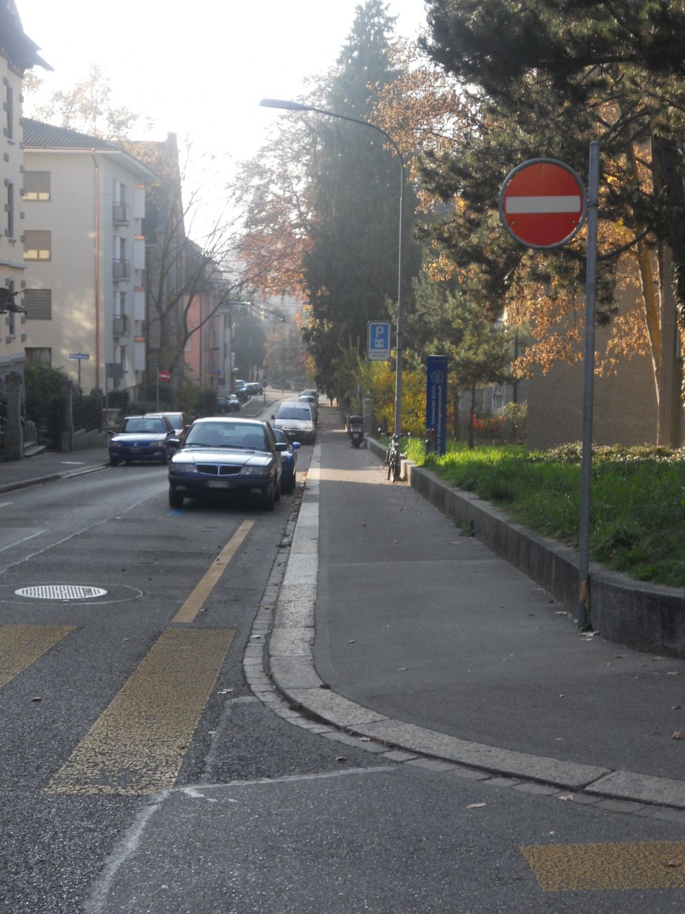 Gebäude FRE: Sicht von Freiestrasse auf Steinwiesstrasse
(4% Gefälle). Im Bild hinten auf der rechten Seite (blaue Tafel) befindet sich der alternative Eingang.