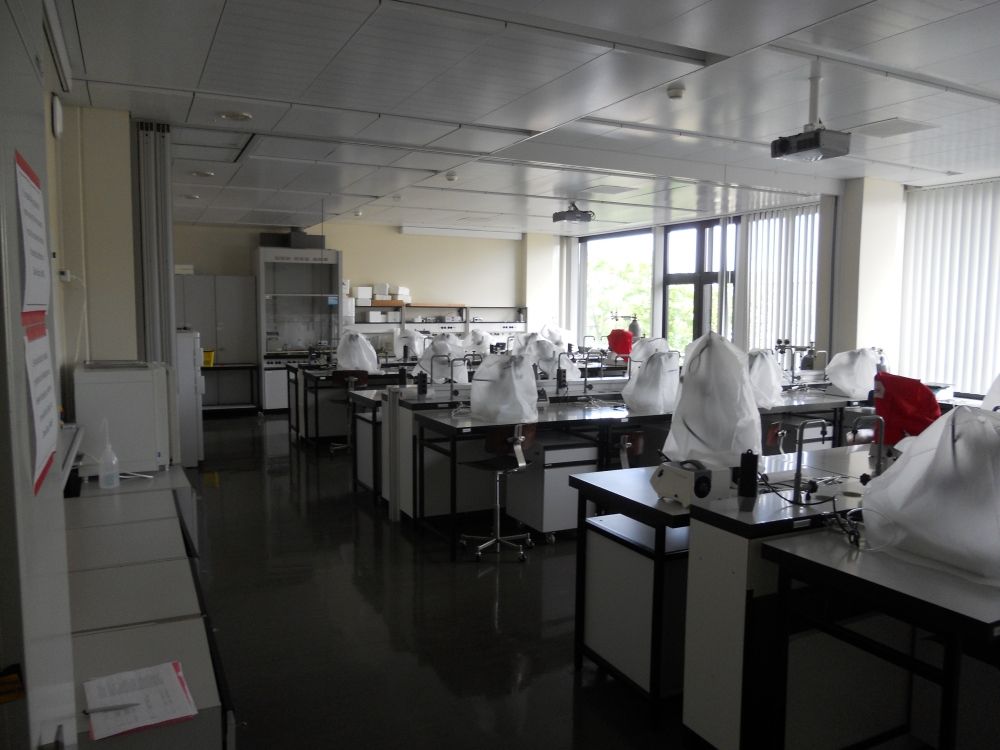 Praktikumsraum Y13-J-26: Innenansicht Raum. Blick vom Eingang her nach vorne.