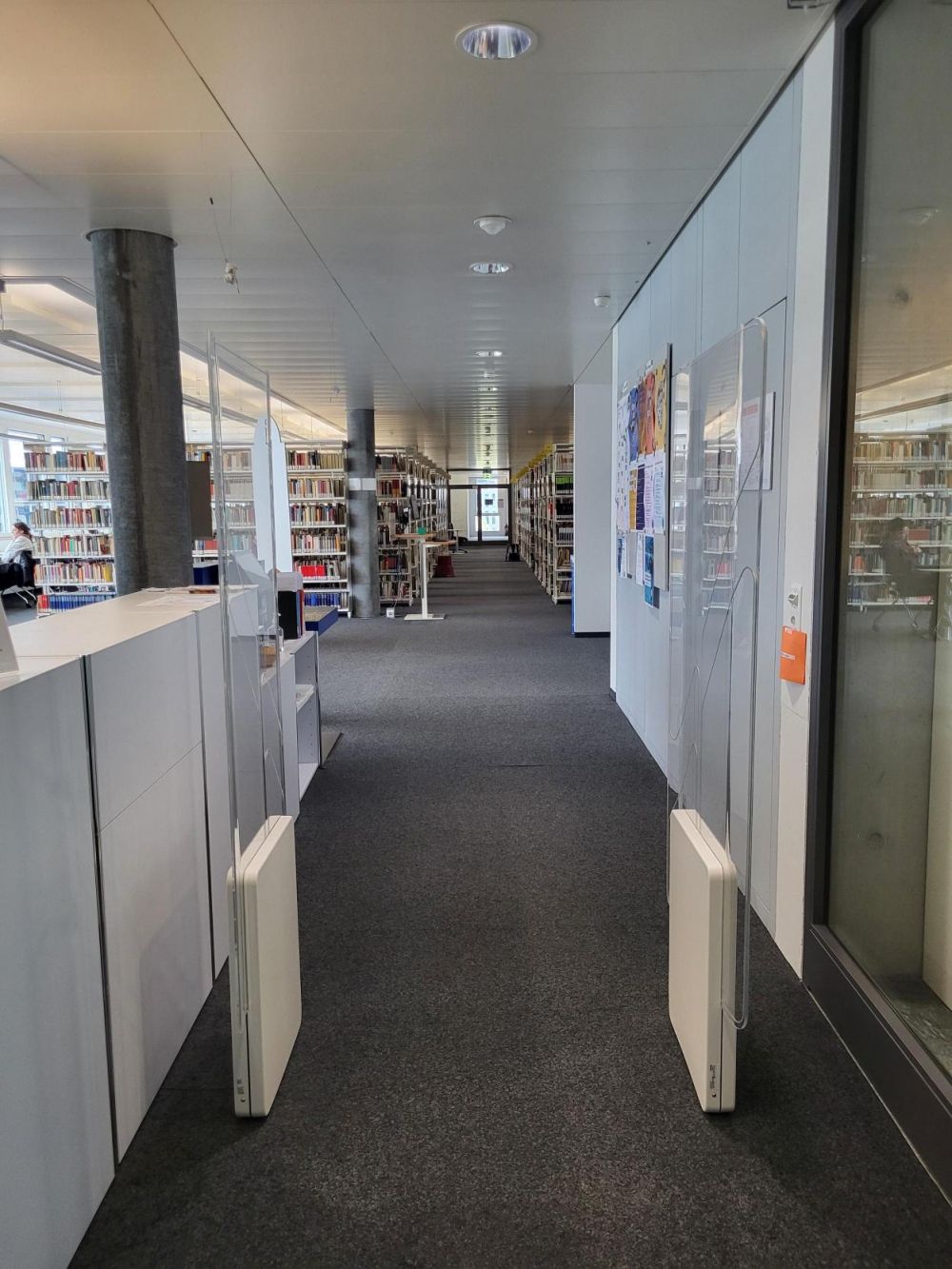 AND-5, Bibliothek: Kontrollschranke und Blick in die Bibliothek. Die Eingangstüre ist rechts vom Bild.