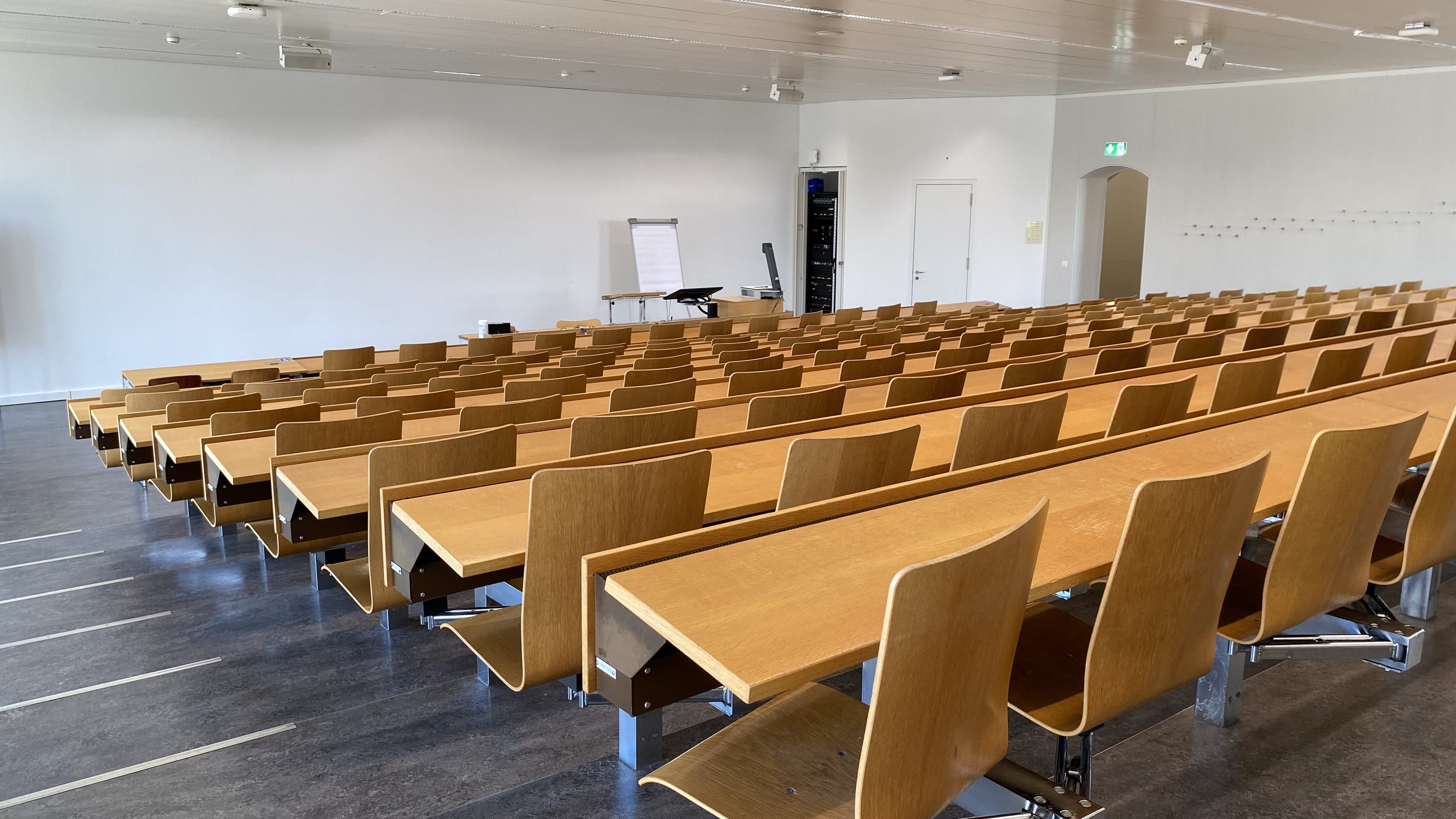 Hörsaal RAI-H-041: Ansicht auf den Raum von der hintersten Reihe aus. Die Eingangstüre ist rechts im Bild ersichtlich.