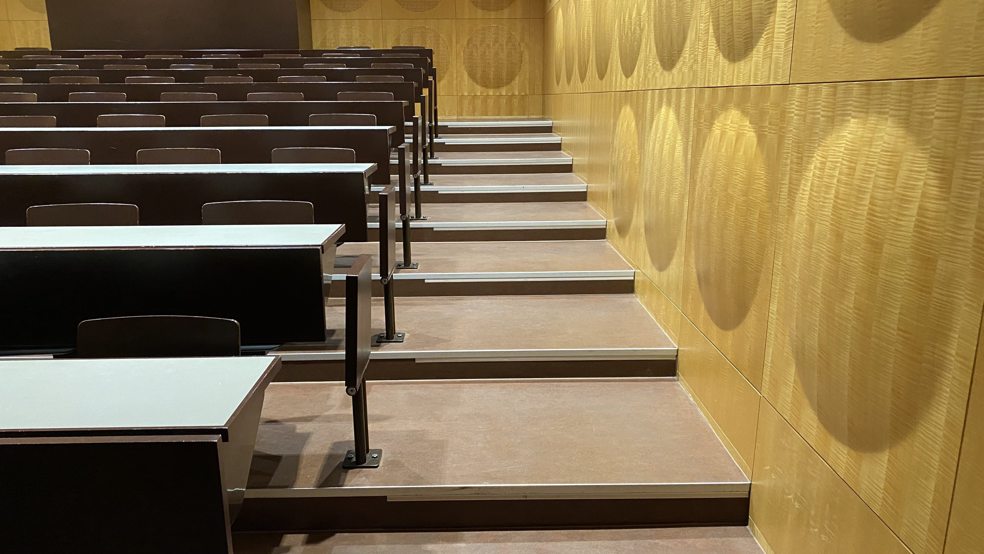 Hörsaal HAH-F-01: Blick auf die rechten, breiteren Treppenstufen.