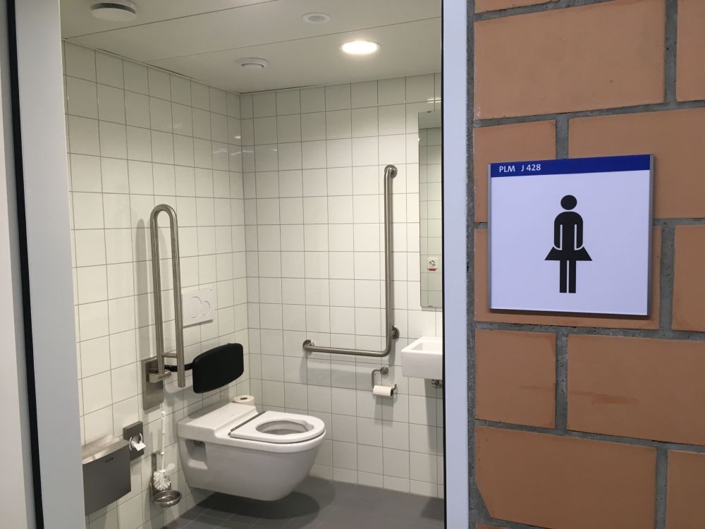 Rollstuhl-WC PLM-J-428: Innenansicht Toilette. Die Toilette ist als Damentoilette und nicht RS-Toilette beschildert.