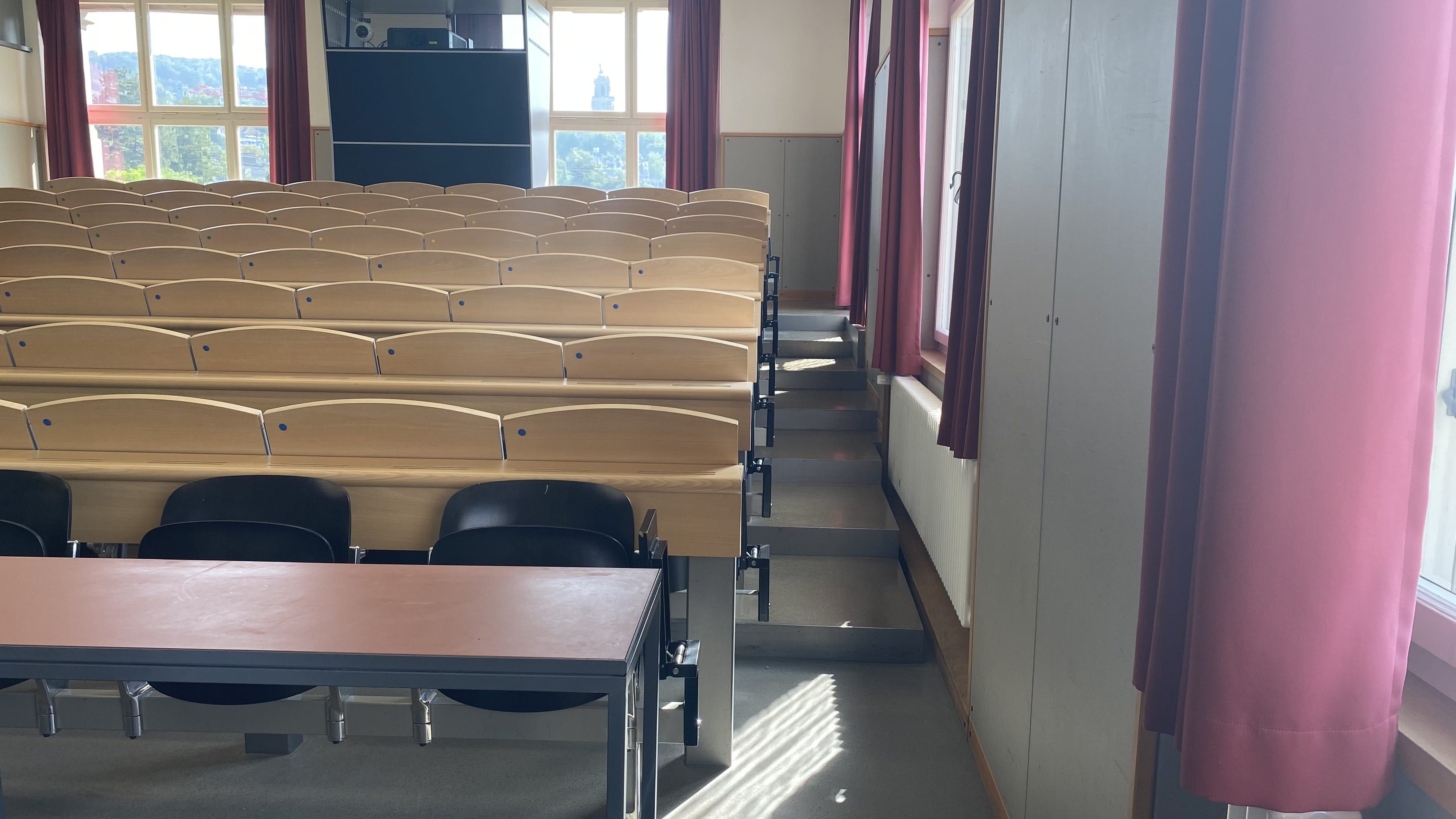 Hörsaal KOL-G-204: Ansicht auf den rechten, schmalen Durchgang. Die Stufen sind nicht mit Orientierungshilfen markiert.