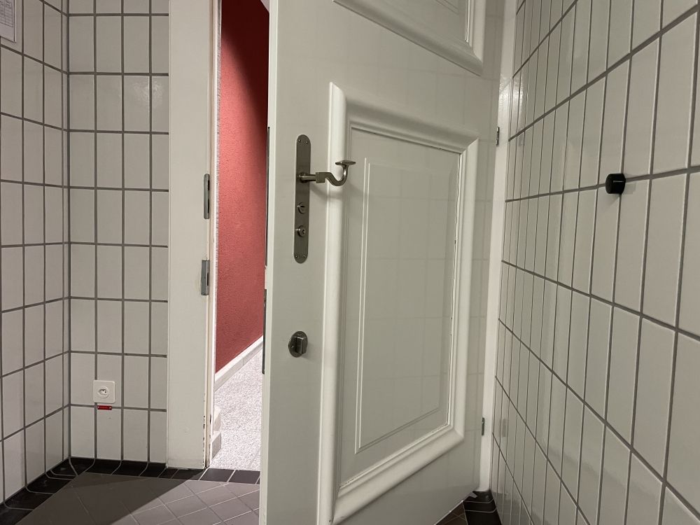 Rollstuhl-WC KO2-E-59: Türklinke zum Schliessen (von innen), kein Zuziehgriff vorhanden.