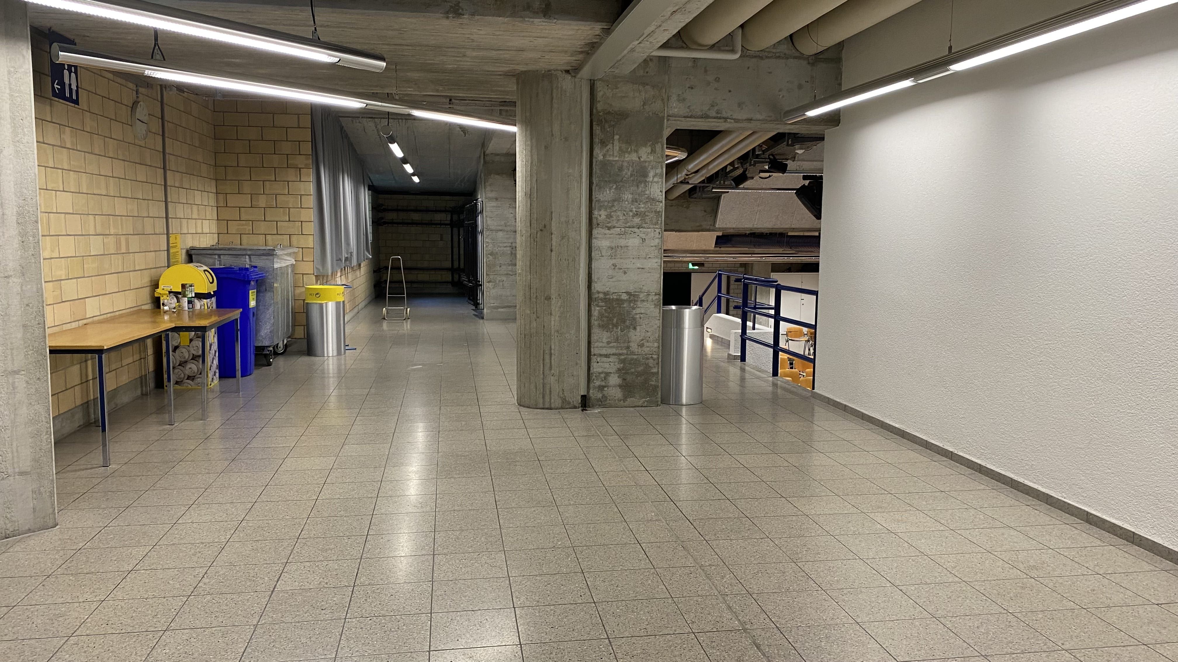 Aula Y21-F-65: Ansicht auf den Raum von der Eingangstür aus. Eine Treppe mit Treppenlift führt rechts in die Aula hinab.