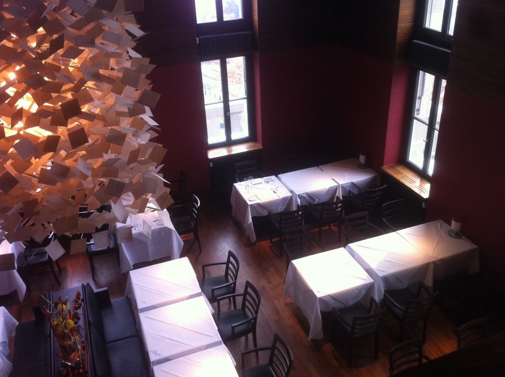 KOL-M, Restaurant: Vogelperspektive auf den Speise-Saal (von Galerie auf Stockwerk N her).