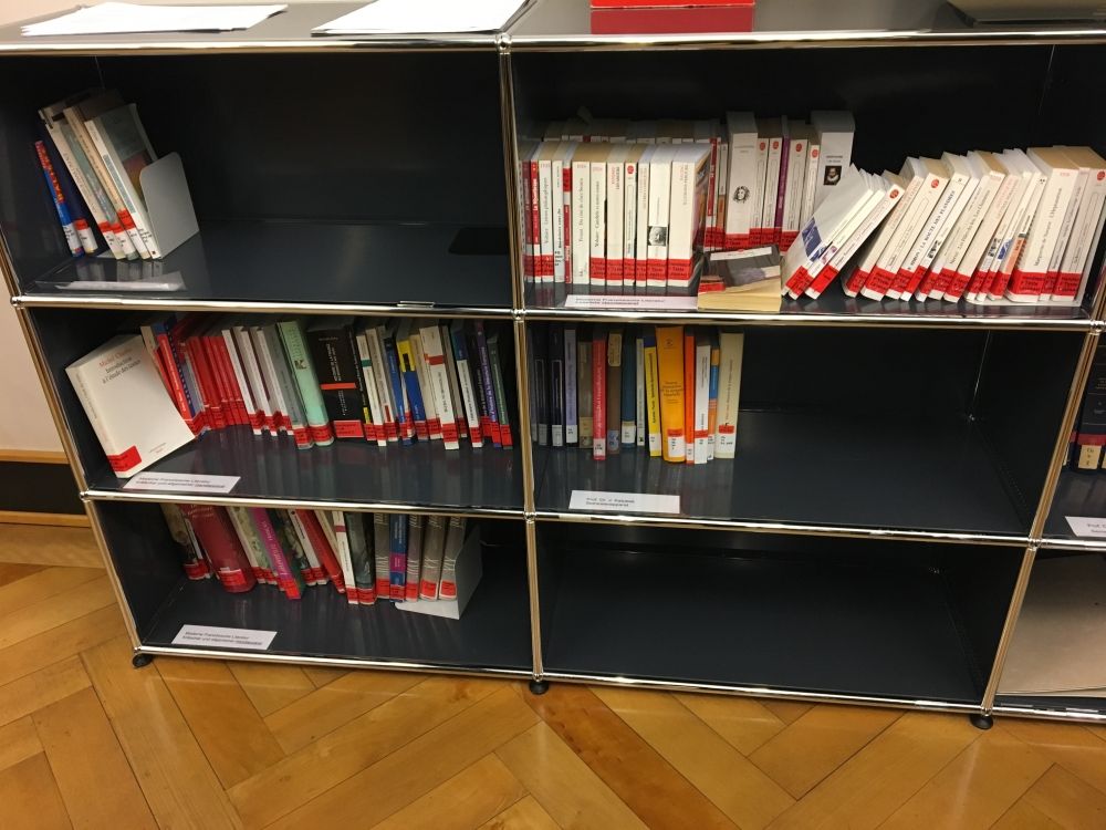 ZUG-E, Bibliothek: Handapparate. Diese ausgewählte Bücher von den Seminaren des laufenden Semesters befinden sich zwischen zwei Eingängen.