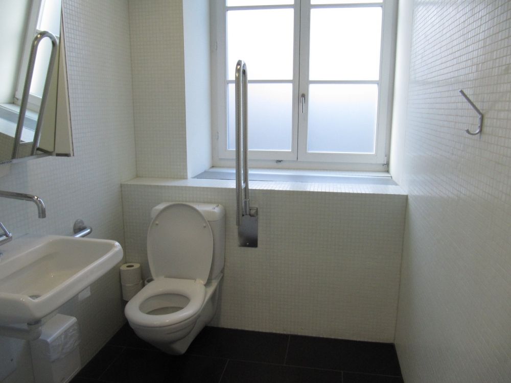 Rollstuhl-WC KAA-E-02A: WC mit Haltegriff sowie Kleiderhacken rechts.