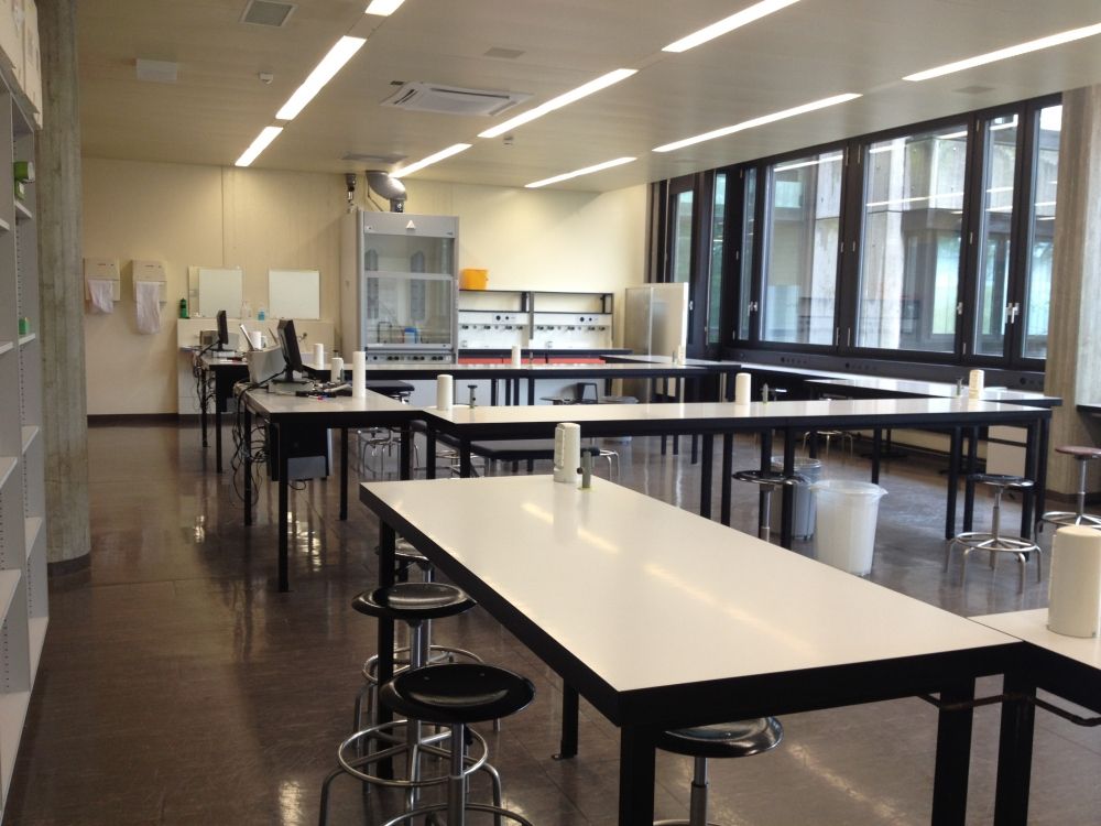 Praktikumsraum Y23-H-24: Von der Wandtafel aus gesehen.