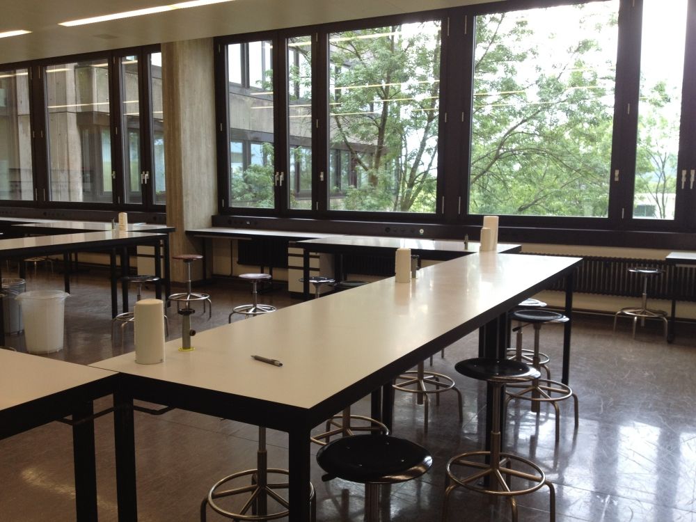 Praktikumsraum Y23-H-24: Die Tische am Fenster (linke Wandseite) sind die tieferen Tische. Die übrigen sind hohe Tische.