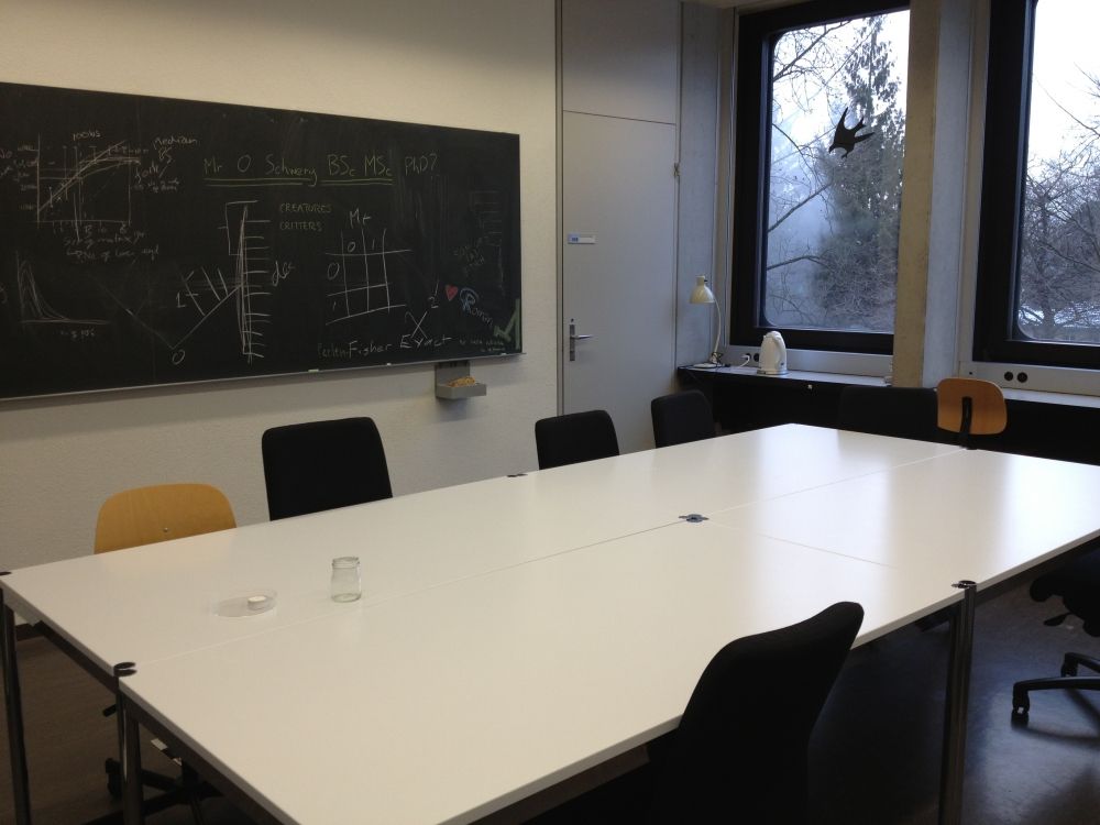 Praktikumsraum BOT-0-10A: Offener Raum mit Tischen und Wandtafel.