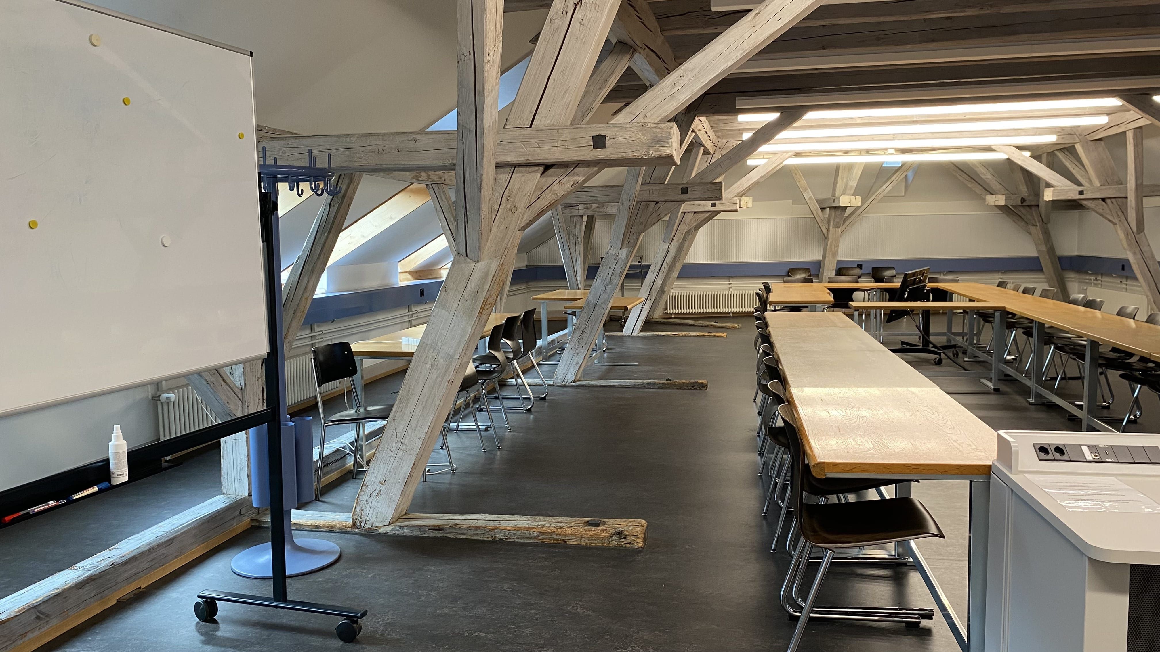 Seminarraum KIR-3-308: Ansicht auf die linke Seite des Raumes von der Eingangstüre aus. Holzbalken bilden Schwellen im Durchgang.