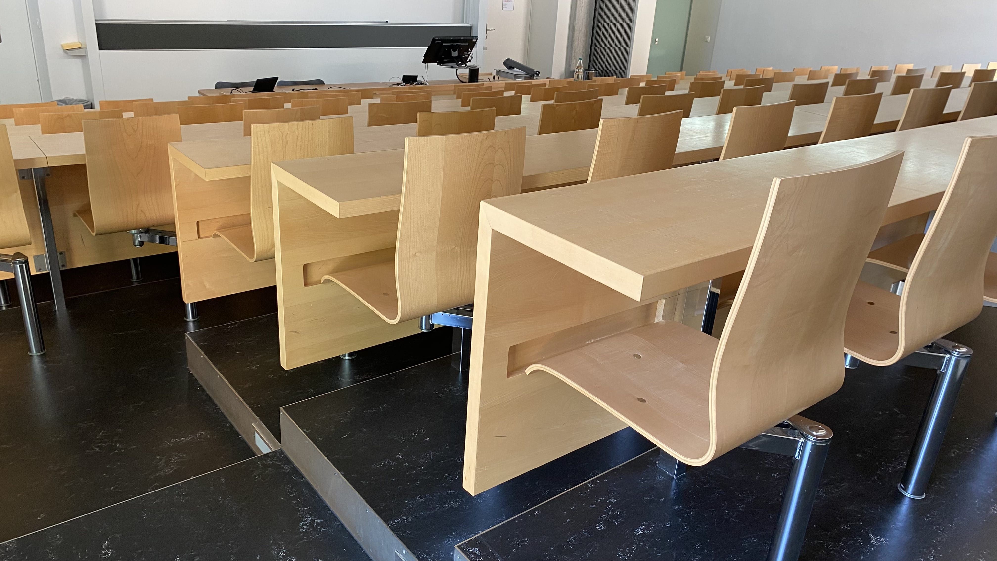 Hörsaal ZUI-B-1: Ansicht auf die zusätzlichen Schwellen, die zu den Sitzreihen führen.