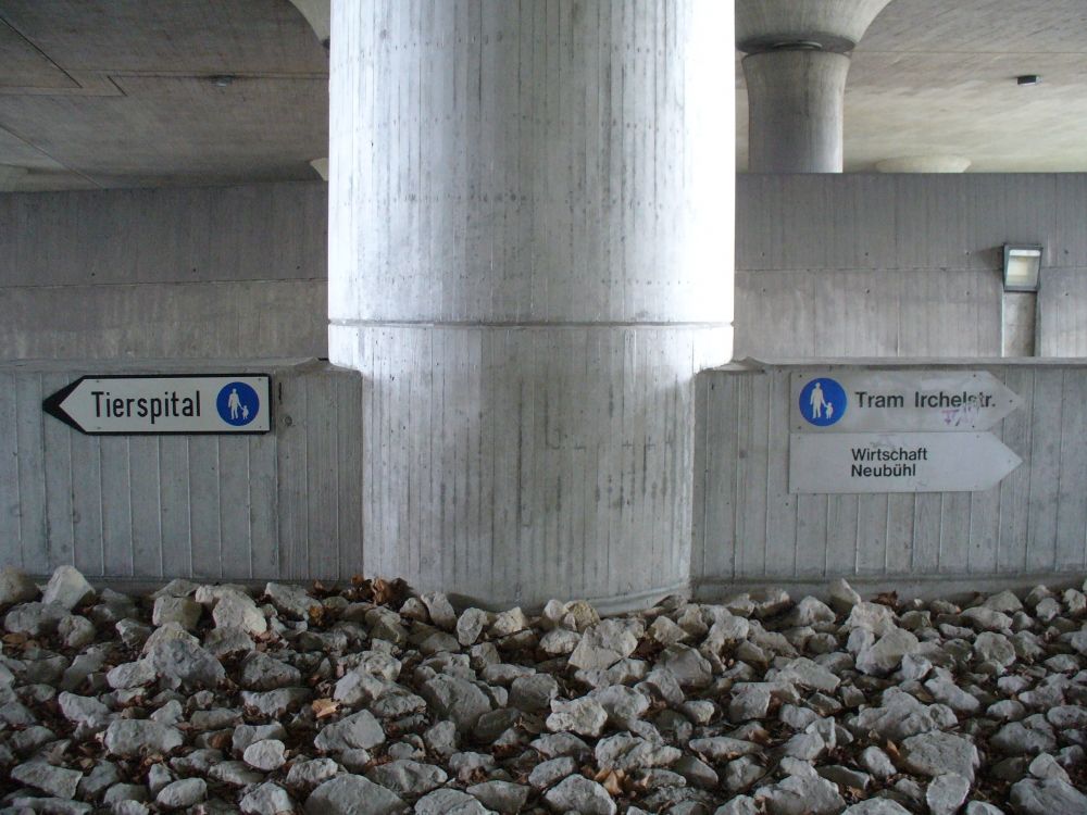 Y50, Stockwerk E: Sicht auf den Fussweg Richtung Tierspital und Richtung Wirtschaft Neubühl, der sich gleich rechts von den Liftausgängen erstreckt.