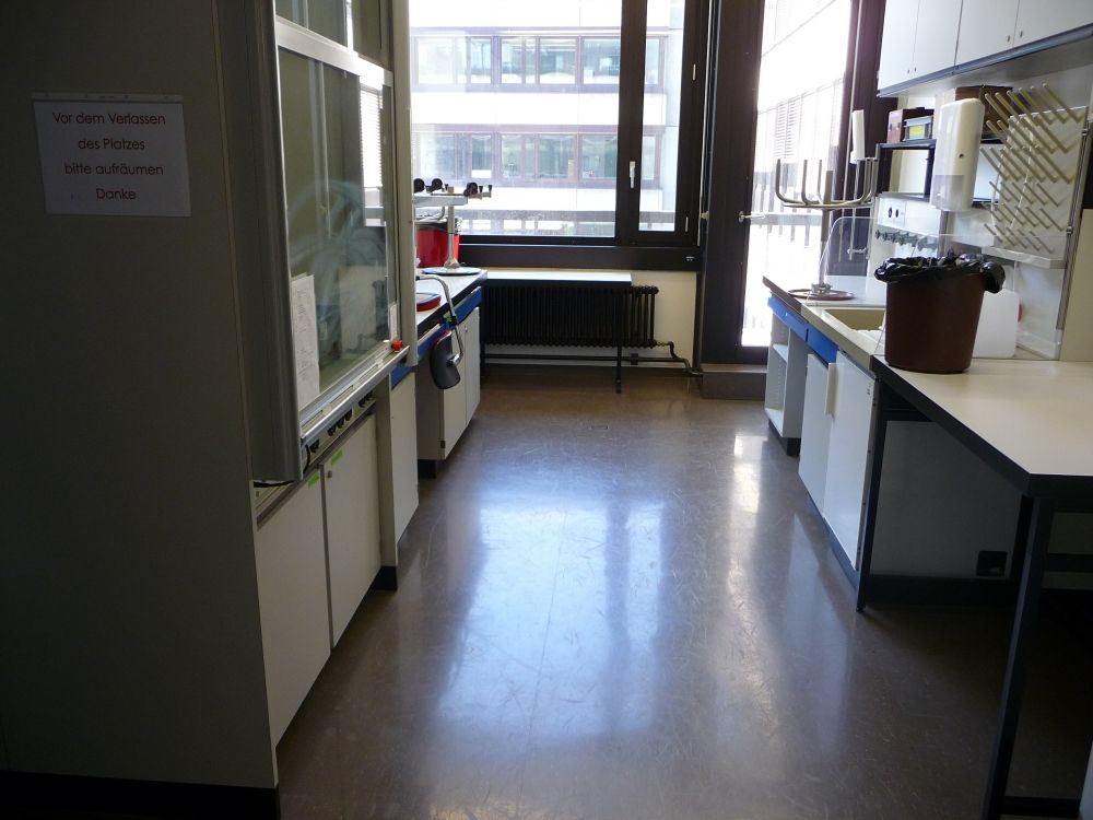 Praktikumsraum Y44-H-22: Biochemischer Praktikumsraum. Die Tür im Bild führt auf den Fluchtbalkon.