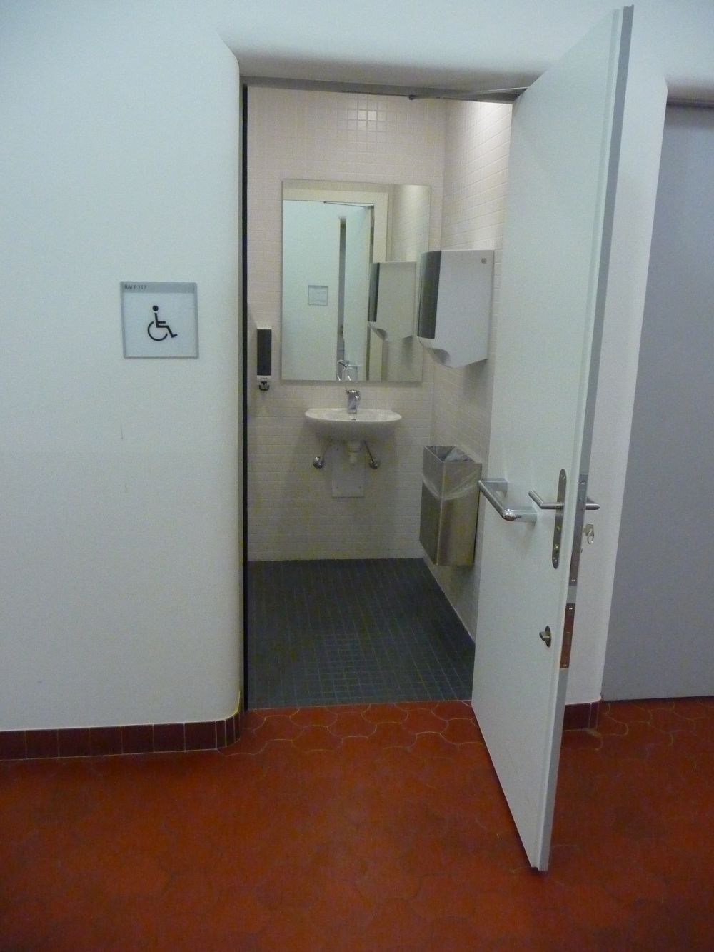 Rollstuhl-WC RAI-F-117: Rollstuhl-WC von aussen. Die Tür lässt sich nur soweit öffnen, wie auf dem Bild zu sehen ist.