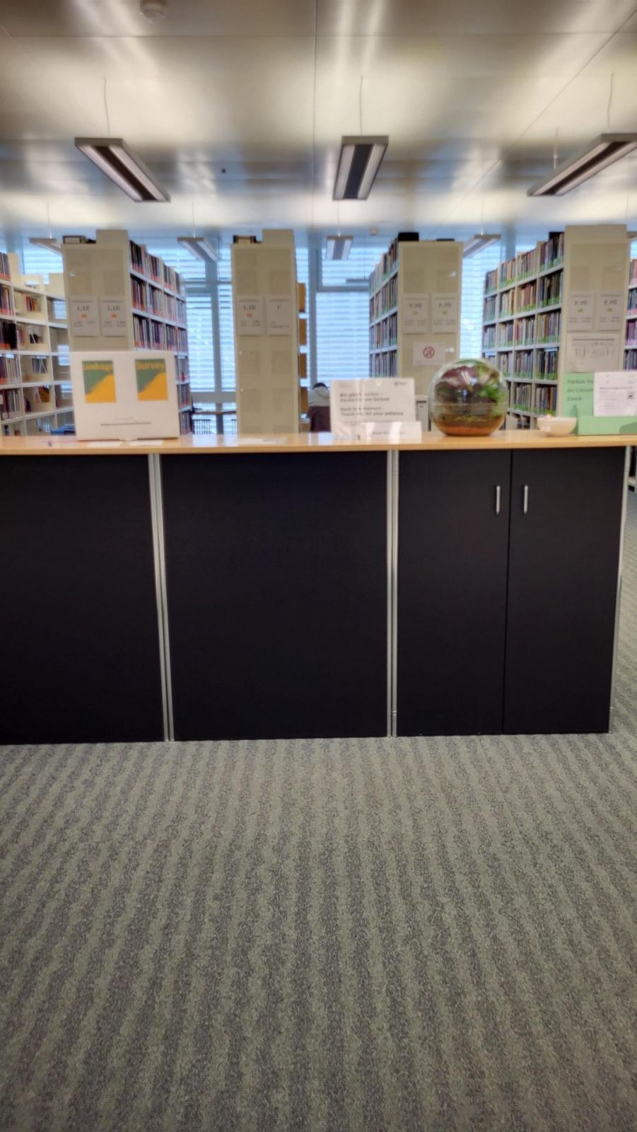 AFL-G, Bibliothek: Theke. Sicht von der Eingangstür.