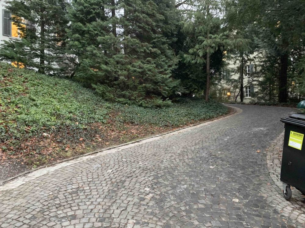 Gebäude RAG: Weg nach dem Tor (bei Rämistrasse) zum Haus hoch; ca. 50Meter. Unebener Belag, Steigung bis zu 4,6%.