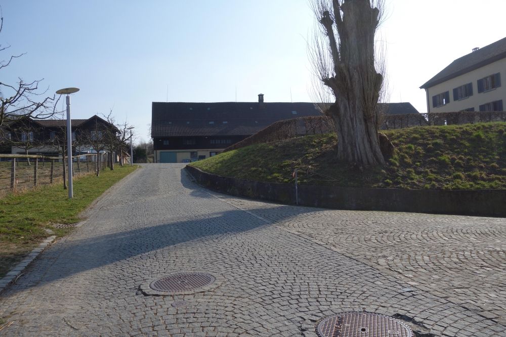 Gebäude Y63: Der obere Teil des stufenlosen Weges zum Gebäude
                            vom Irchelkomplex her, die Steigung der gepflasterten Strasse beträgt
                            hier bis zu 12%. Rechts im Bild ist gelb der Ostflügel des Y63 zu
                            erkennen.