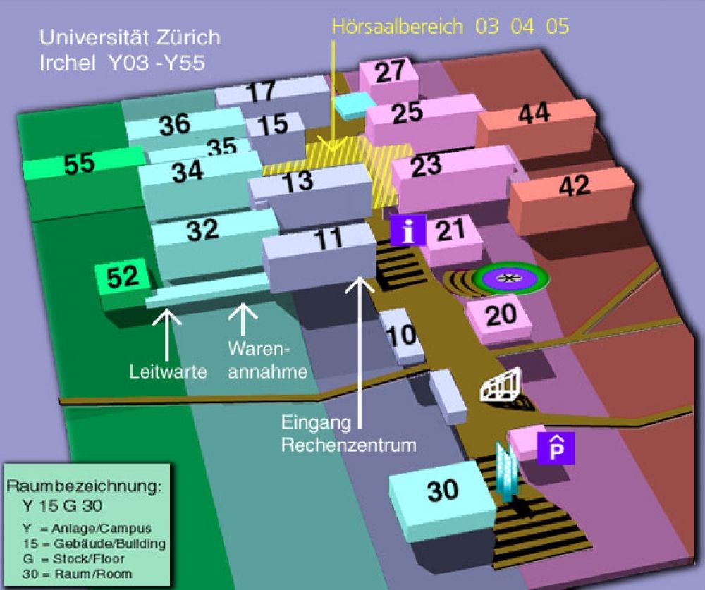 Y03, Stockwerk G: Übersichtsplan Gebäudekomplex. Hörsaalbereich gelb im Bild.