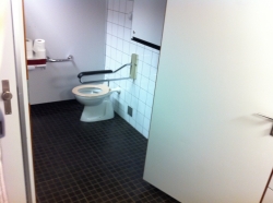 Rollstuhl-WC BOT-M1-45A: Rollstuhl-WC innerhalb der Herren-Toilette.