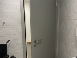 Rollstuhl-WC KOL-D-6b: WC-Türe von innen. Türklinke zum zustossen.