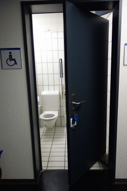 Rollstuhl-WC RAA-D-10: Aussenansicht des Rollstuhl-WCs. Auf dem Bild ist zu sehen, wie die Tür sich gegen rechts hinten eindreht.