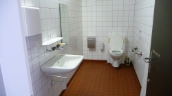 Rollstuhl-WC Y34-K-03: Innenraum des Rollstuhl-WCs. Rechts neben der Toilette sieht man den blauen Closomat-Aufkleber.