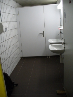 Rollstuhl-WC Y50-D-09A: Blick auf die zwei Lavabos vor dem Zugang zum eigentlichen Rollstuhl-WC.