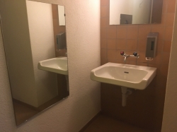 Rollstuhl-WC Y63-E-02: Sicht auf das Spühlbecken, welches von der Toilette aus nicht erreichbar ist, sondern gegenüber der Toilette an der Wand angebracht ist (Länge Innenraum 280 cm).