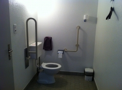 Rollstuhl-WC ZUI-C-46: Rollstuhl-WC (linke Seite des Raumes, wenn man sich mit dem Rücken zur Tür befindet)